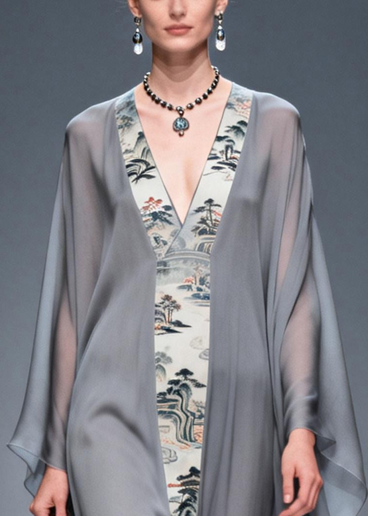 Retro Grey V Neck Patchwork Print Chiffon Maxi Dress Summer
