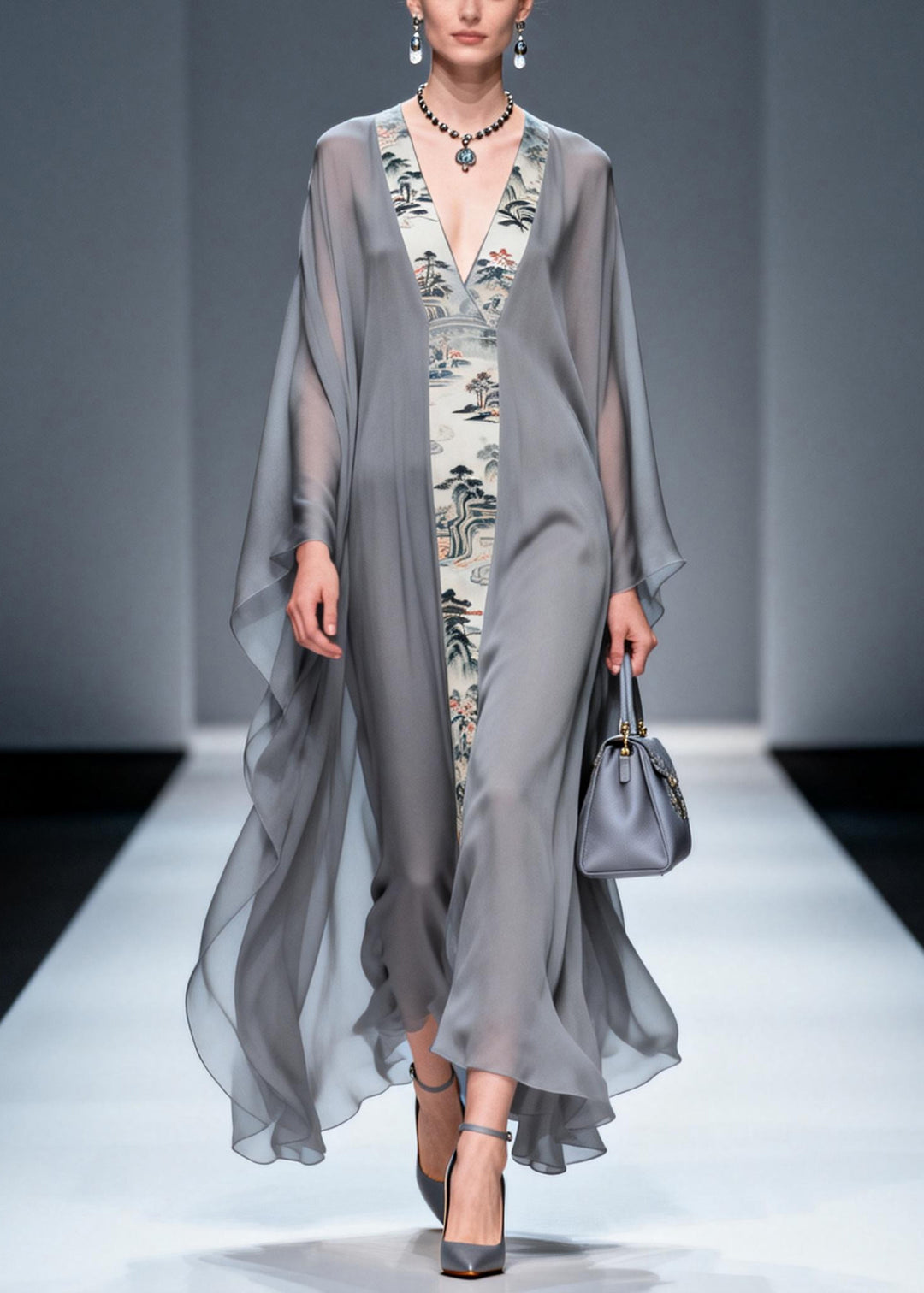 Retro Grey V Neck Patchwork Print Chiffon Maxi Dress Summer