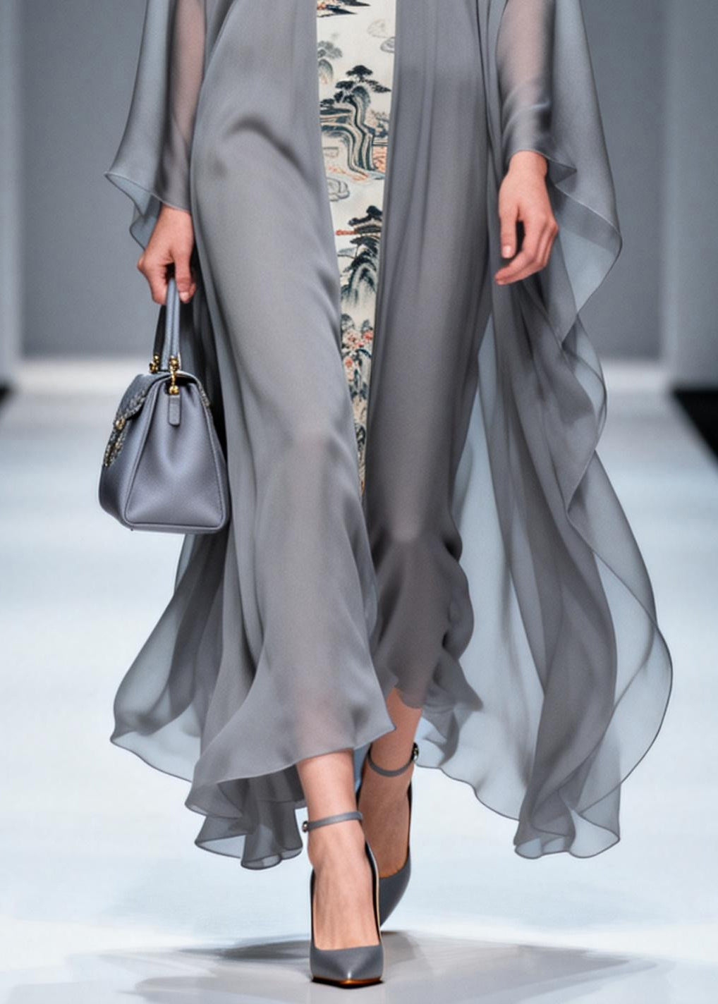 Retro Grey V Neck Patchwork Print Chiffon Maxi Dress Summer