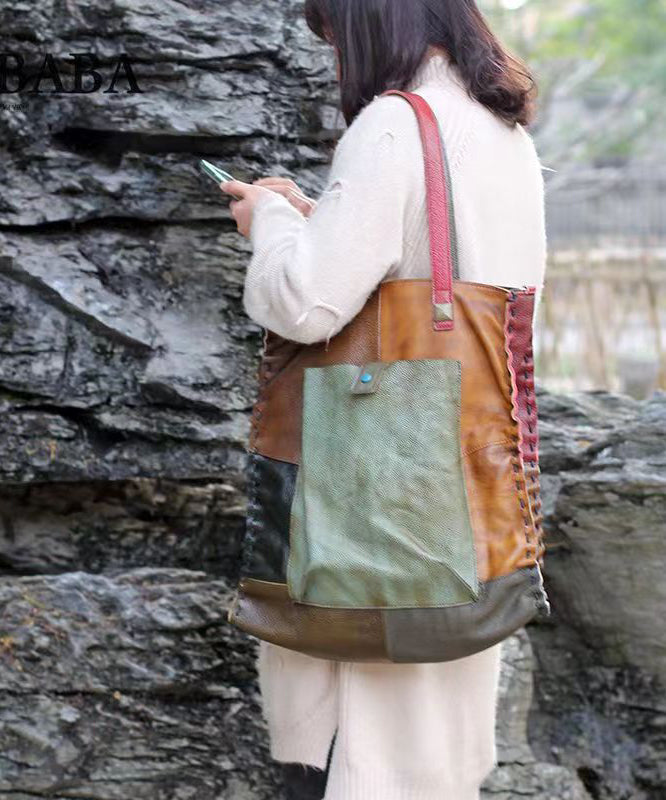 Retro Handmade Contrasting Color Large Capacity Cowhide Single Satchel Bag Handbag