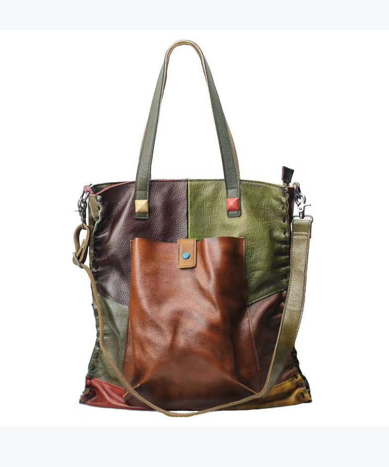 Retro Handmade Contrasting Color Large Capacity Cowhide Single Satchel Bag Handbag
