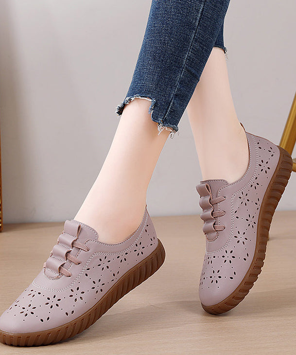 Retro Hollow Out Flat Shoes Purple Cowhide Leather