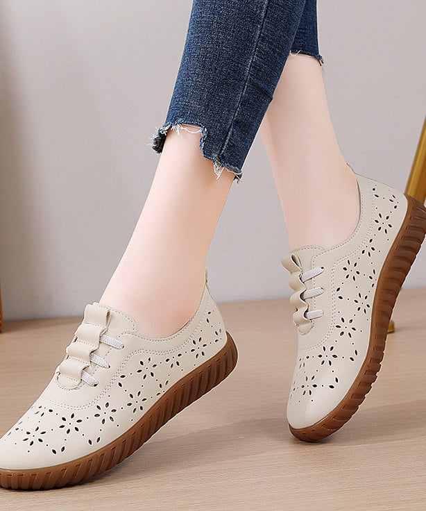 Retro Hollow Out Flat Shoes Purple Cowhide Leather