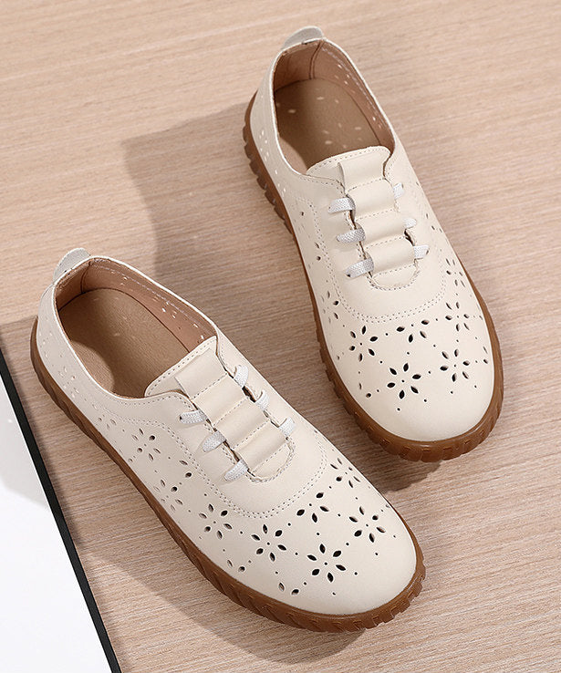 Retro Hollow Out Flat Shoes Purple Cowhide Leather