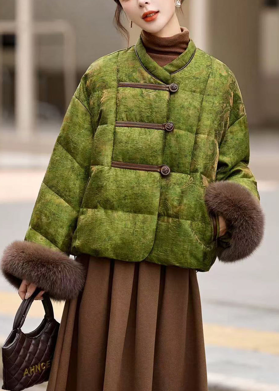 Retro Khaki Chinese Button Patchwork Fox Fur Duck Down Winter Coats