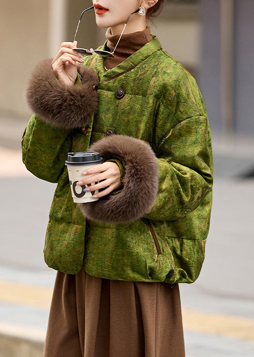 Retro Khaki Chinese Button Patchwork Fox Fur Duck Down Winter Coats