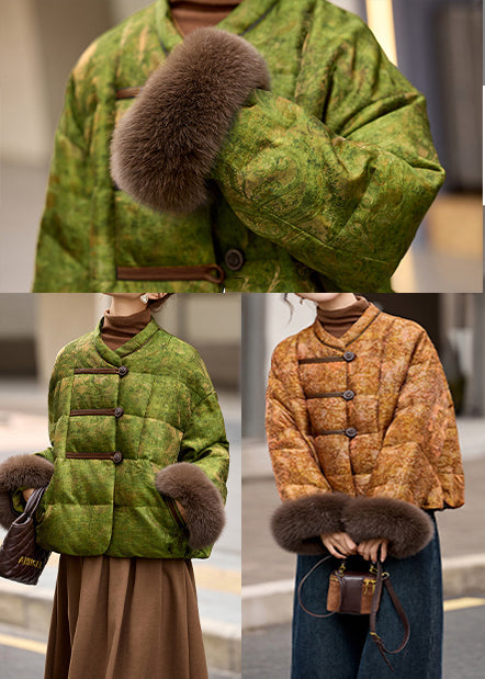 Retro Khaki Chinese Button Patchwork Fox Fur Duck Down Winter Coats