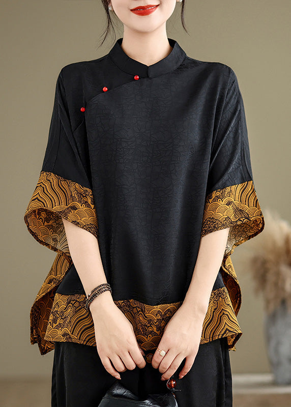 Retro Khaki Mandarin Collar Patchwork Silk Shirts Batwing Sleeve
