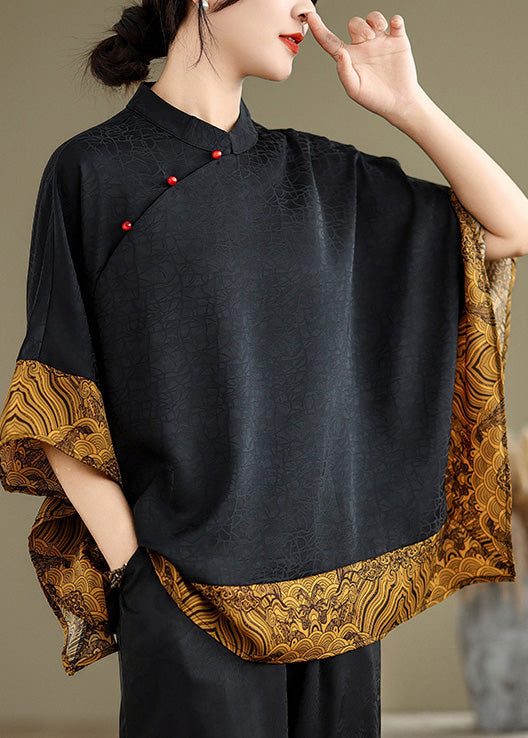 Retro Khaki Mandarin Collar Patchwork Silk Shirts Batwing Sleeve