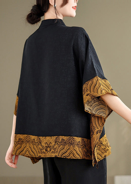 Retro Khaki Mandarin Collar Patchwork Silk Shirts Batwing Sleeve