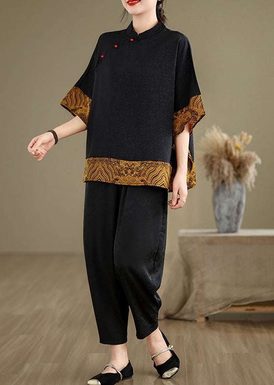 Retro Khaki Mandarin Collar Patchwork Silk Shirts Batwing Sleeve