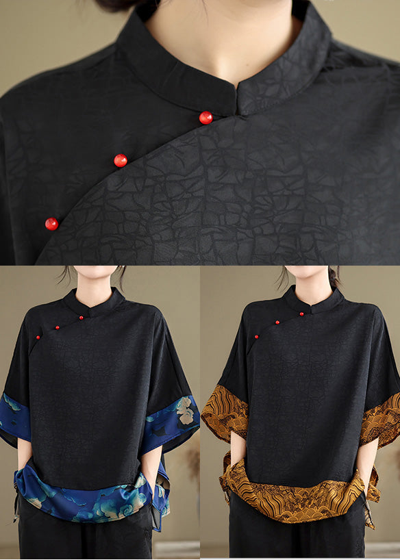 Retro Khaki Mandarin Collar Patchwork Silk Shirts Batwing Sleeve