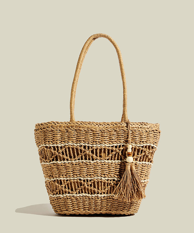Retro Khaki Tasseled Hollow Out Straw Woven Shoulder Bags