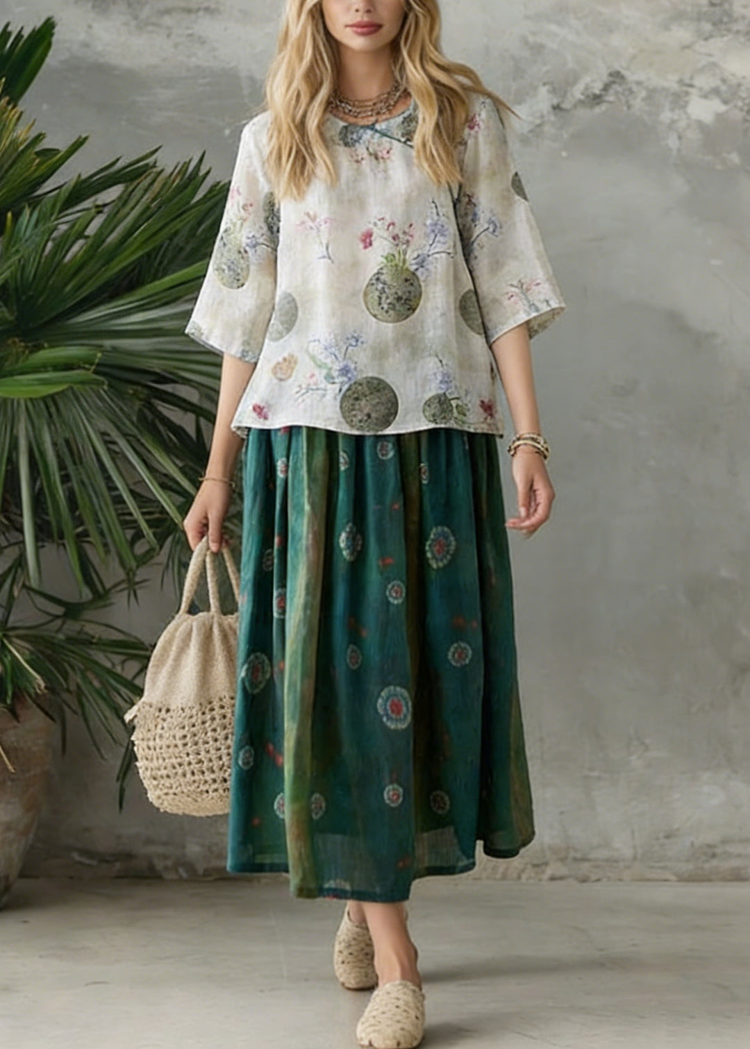 Retro Light Green O-Neck Print Blouse Spring Top