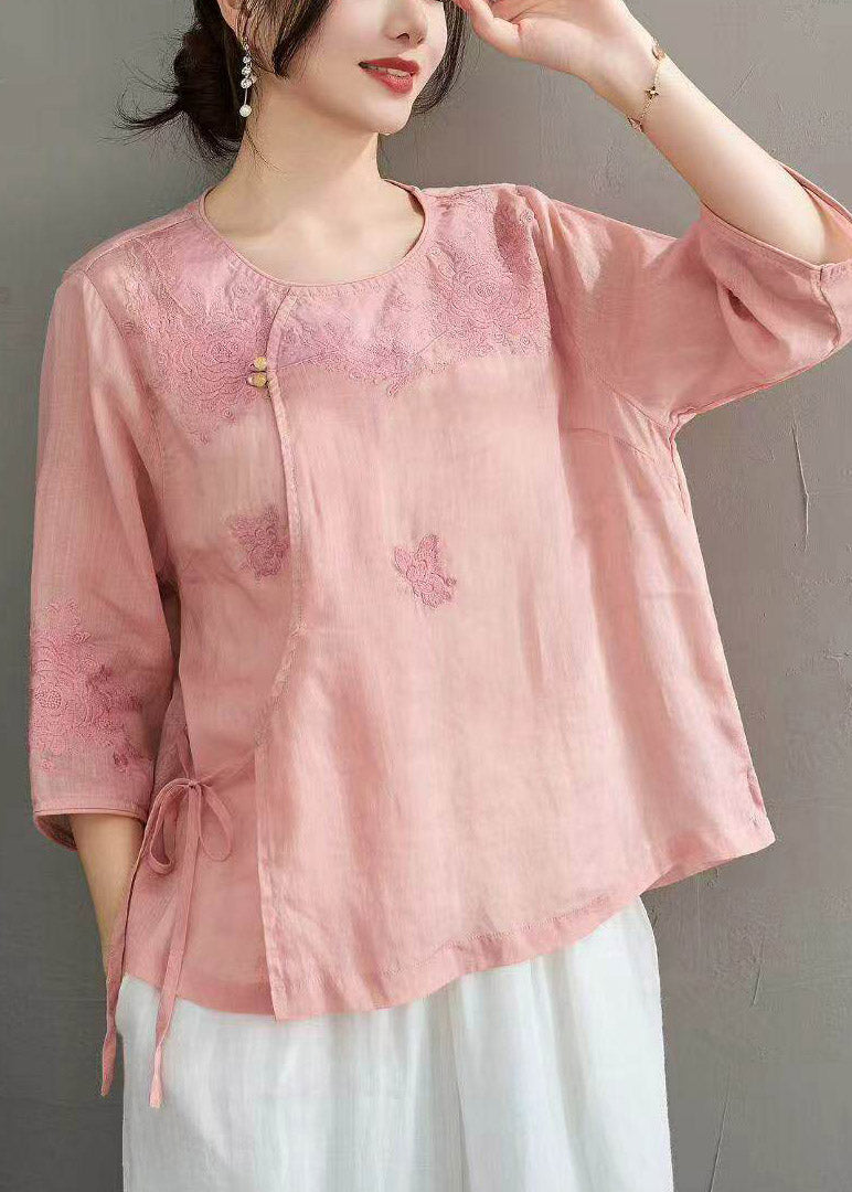 Retro Light Pink Embroidered Tie Waist Linen Top Half Sleeve