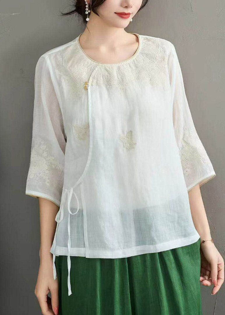 Retro Light Pink Embroidered Tie Waist Linen Top Half Sleeve