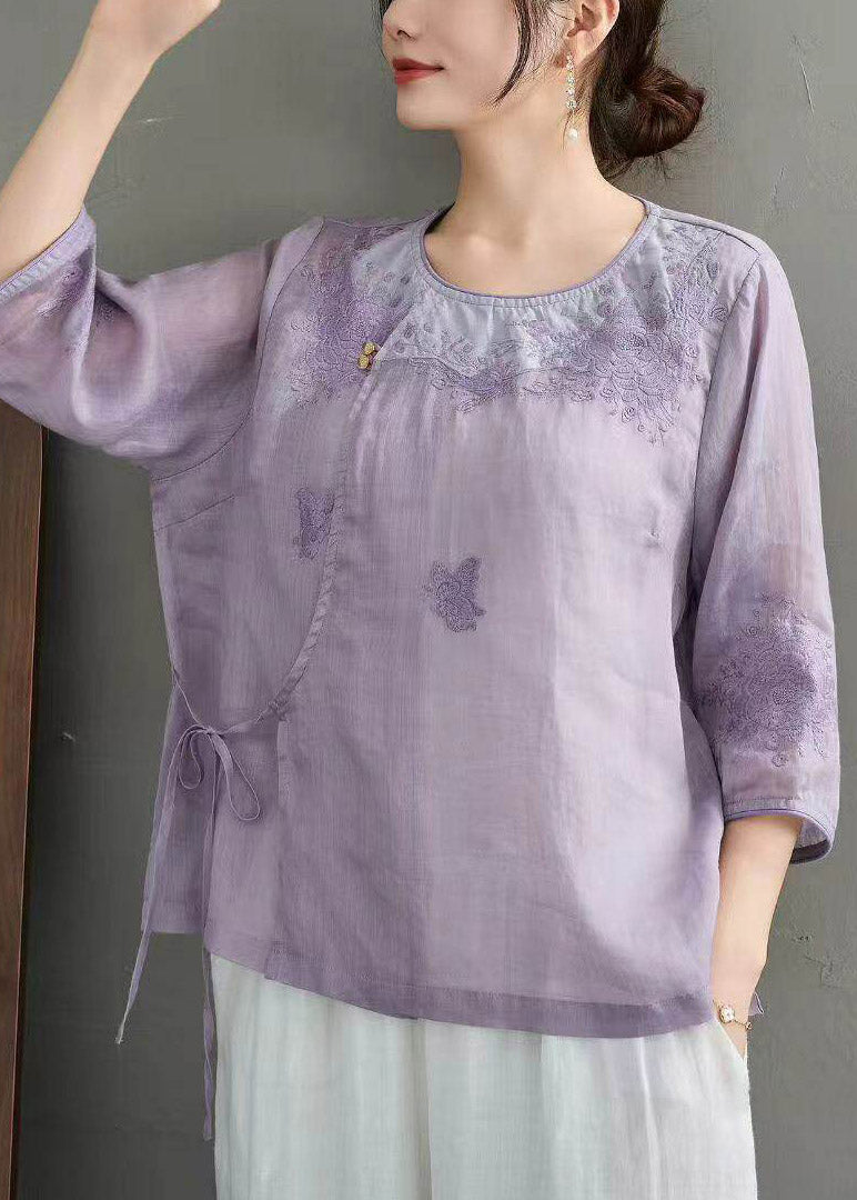 Retro Light Pink Embroidered Tie Waist Linen Top Half Sleeve
