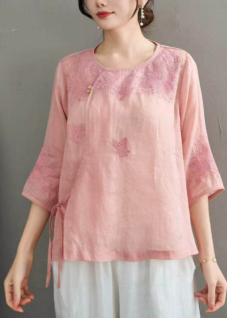 Retro Light Pink Embroidered Tie Waist Linen Top Half Sleeve