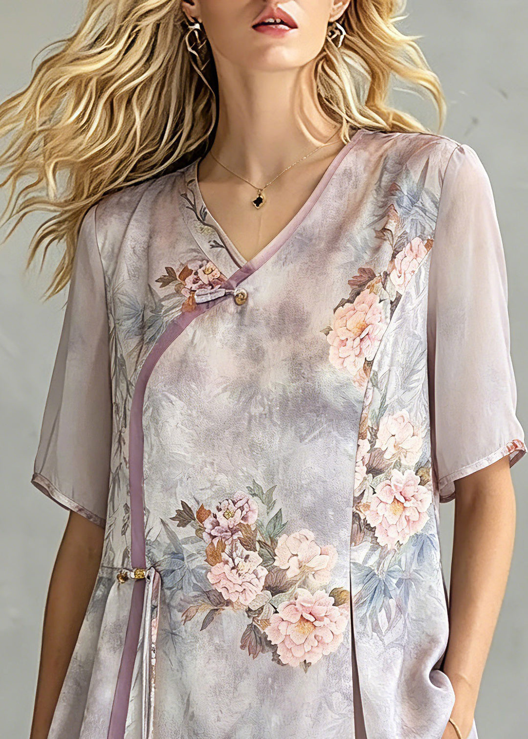 Retro Light Purple V Neck Asymmetrical Chiffon Top Short Sleeve