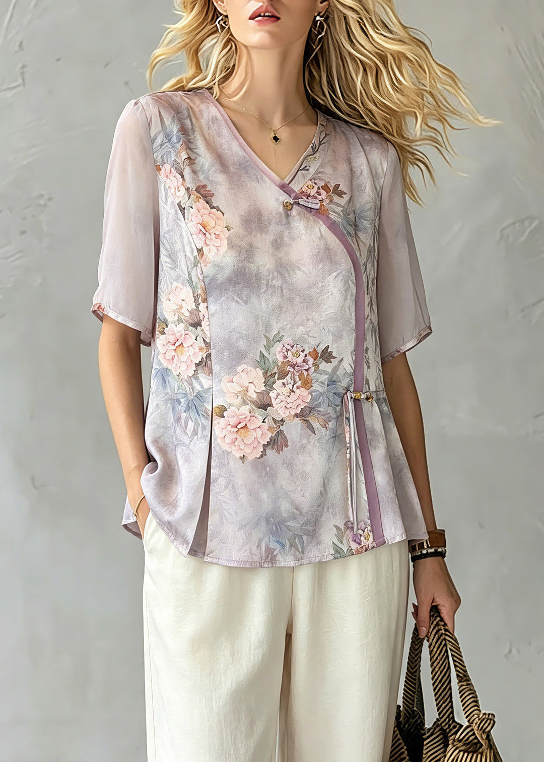 Retro Light Purple V Neck Asymmetrical Chiffon Top Short Sleeve