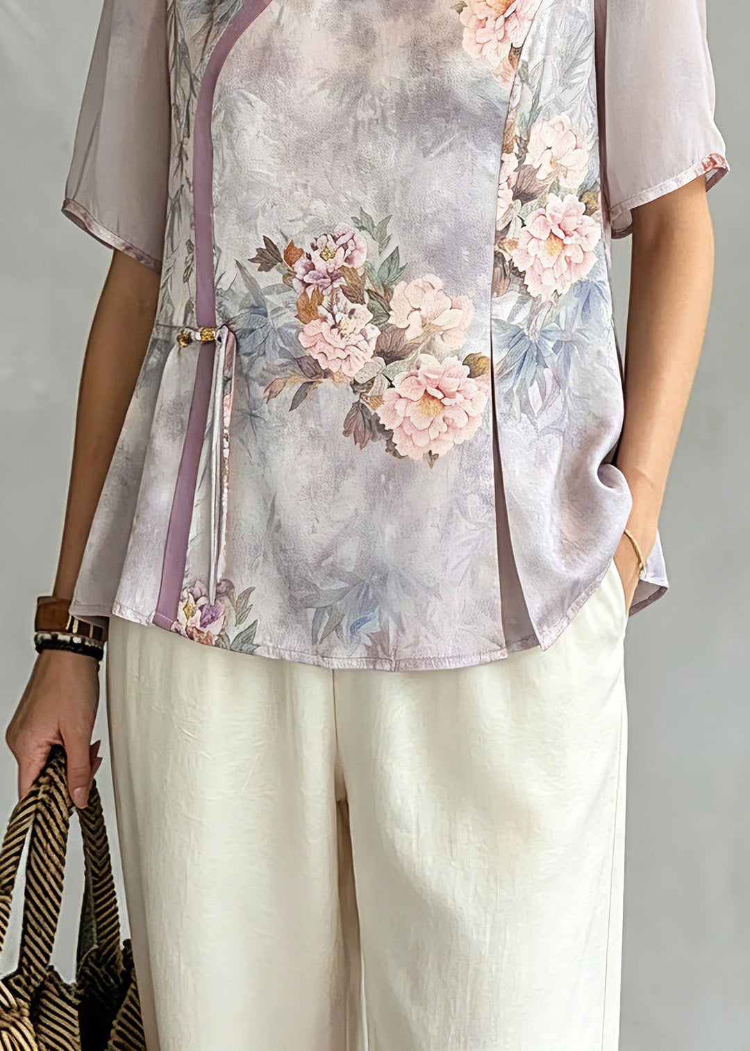 Retro Light Purple V Neck Asymmetrical Chiffon Top Short Sleeve