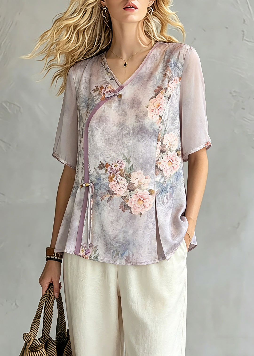 Retro Light Purple V Neck Asymmetrical Chiffon Top Short Sleeve