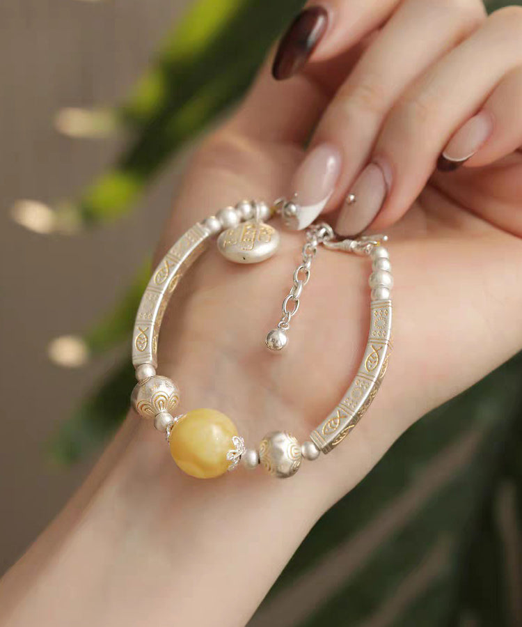 Retro Light Yellow 925 Silver Silver Beeswax Patchwork Pearl Charm Bracelet