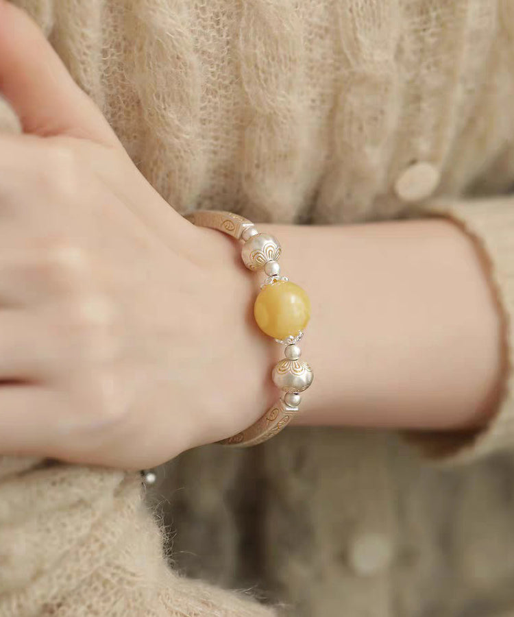 Retro Light Yellow 925 Silver Silver Beeswax Patchwork Pearl Charm Bracelet