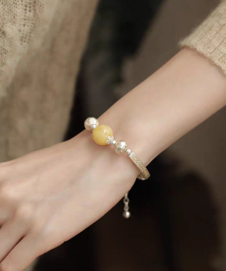 Retro Light Yellow 925 Silver Silver Beeswax Patchwork Pearl Charm Bracelet