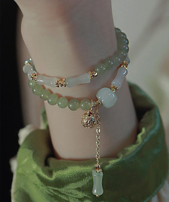 Retro Metal Overgild Pearl Bamboo Joint Patchwork Double-Layer Charm Bracelet