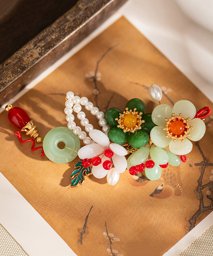 Retro Multicolor Alloy Jade Pearl Floral Tassel Hairpin
