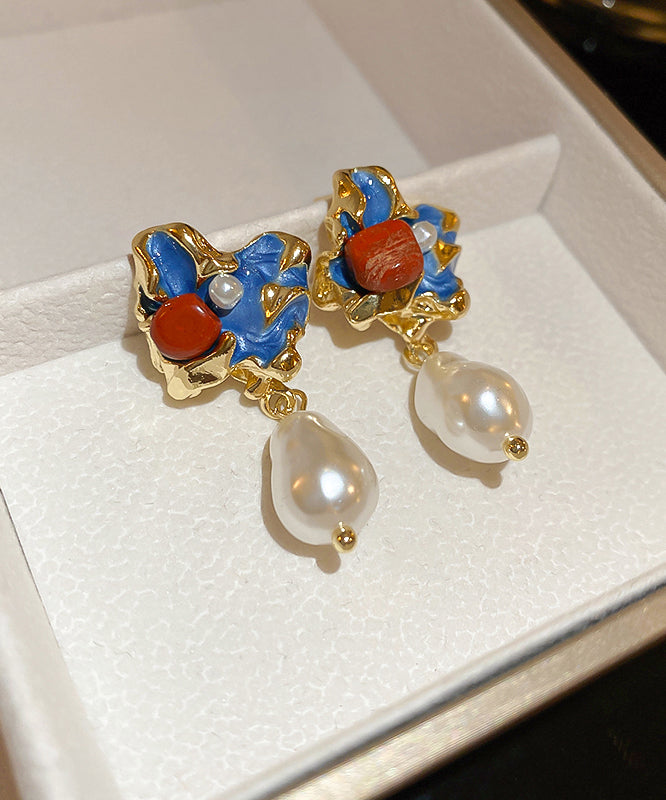 Retro Multicolor Copper Alloy Pearl Floral Drop Earrings