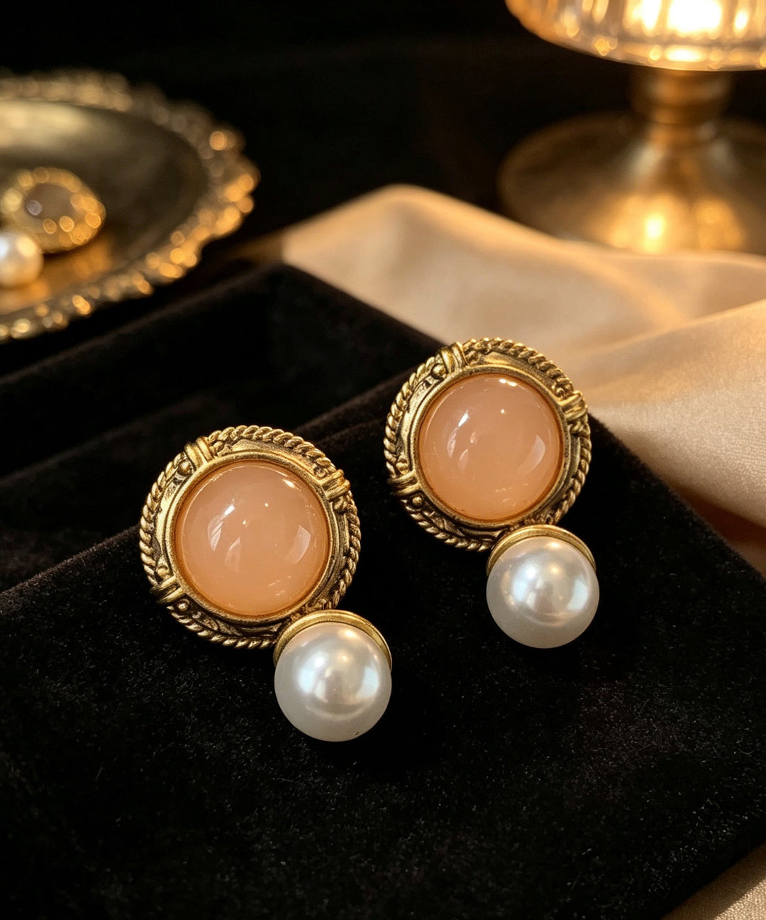 Retro Nude Pink Pearl Alloy Silver Needle Round Drop Earrings