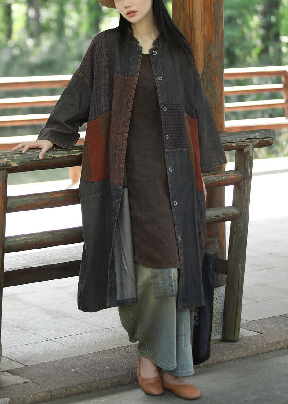 Retro O-Neck Patchwork Button Denim Fabric Maxi Coat Fall
