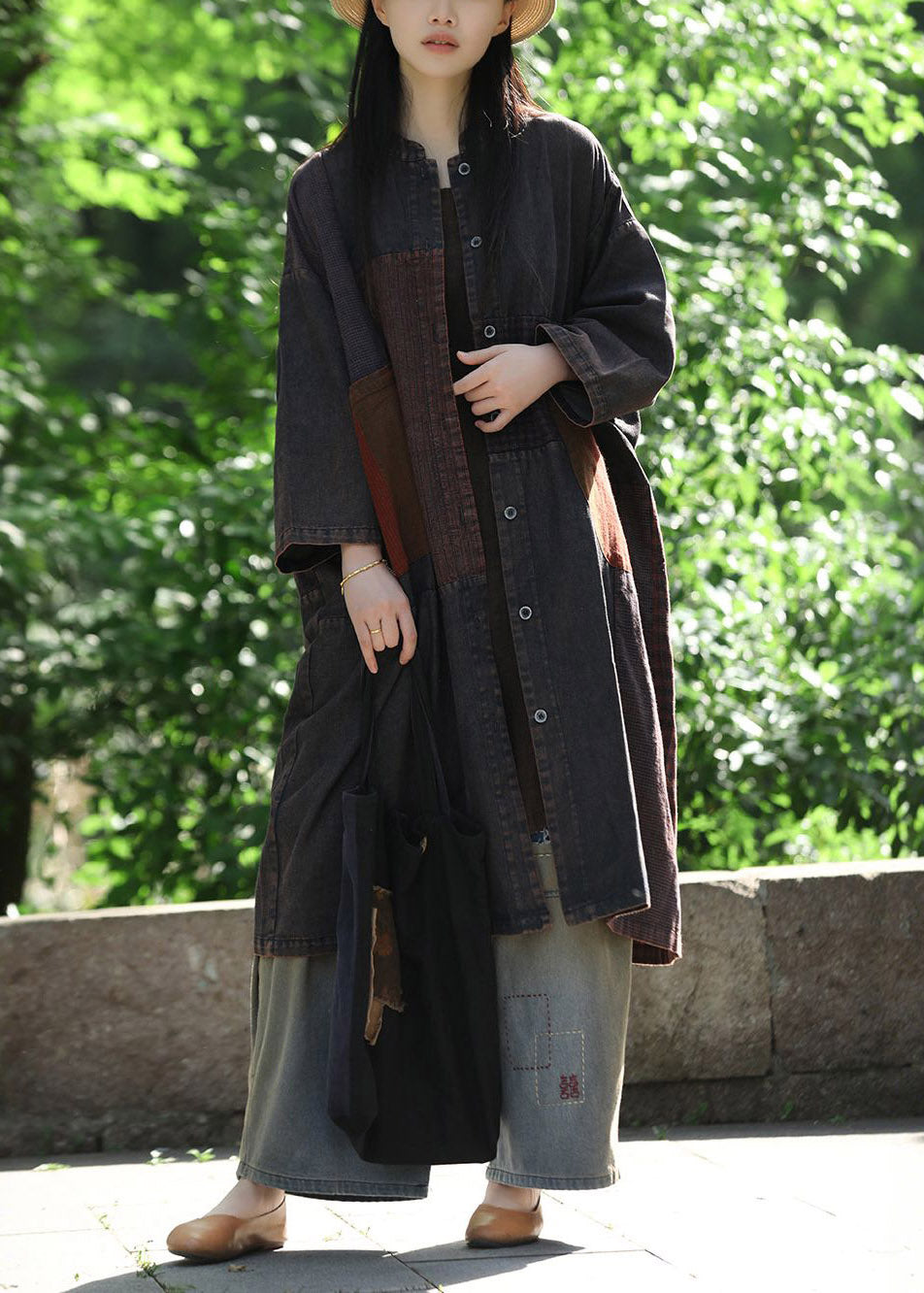 Retro O-Neck Patchwork Button Denim Fabric Maxi Coat Fall