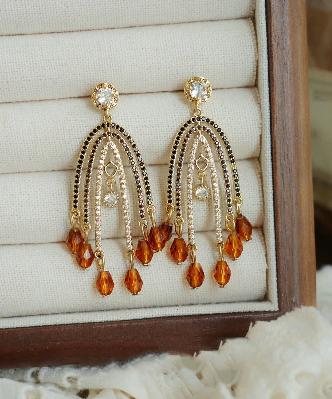 Retro Orange Copper Overgild Zircon Tassel Drop Earrings