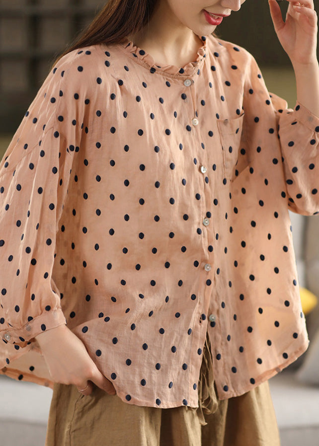 Retro Orange Ruffled Dot Embroidered Linen Top Summer