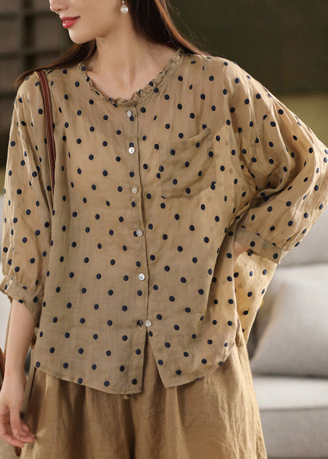 Retro Orange Ruffled Dot Embroidered Linen Top Summer