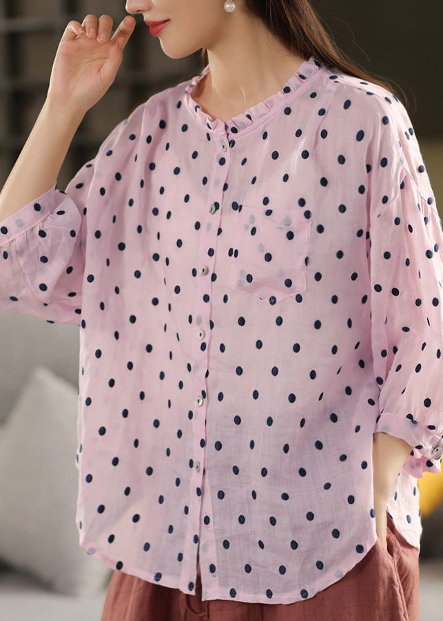 Retro Orange Ruffled Dot Embroidered Linen Top Summer