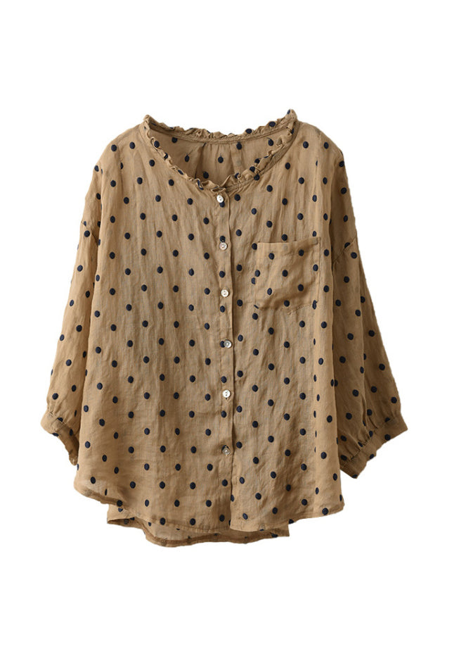 Retro Orange Ruffled Dot Embroidered Linen Top Summer