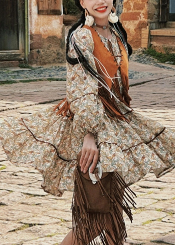Retro Patchwork Tassel Waistcoat And Long Dress Two Pieces Set Lantern Sleeve