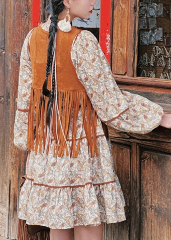 Retro Patchwork Tassel Waistcoat And Long Dress Two Pieces Set Lantern Sleeve