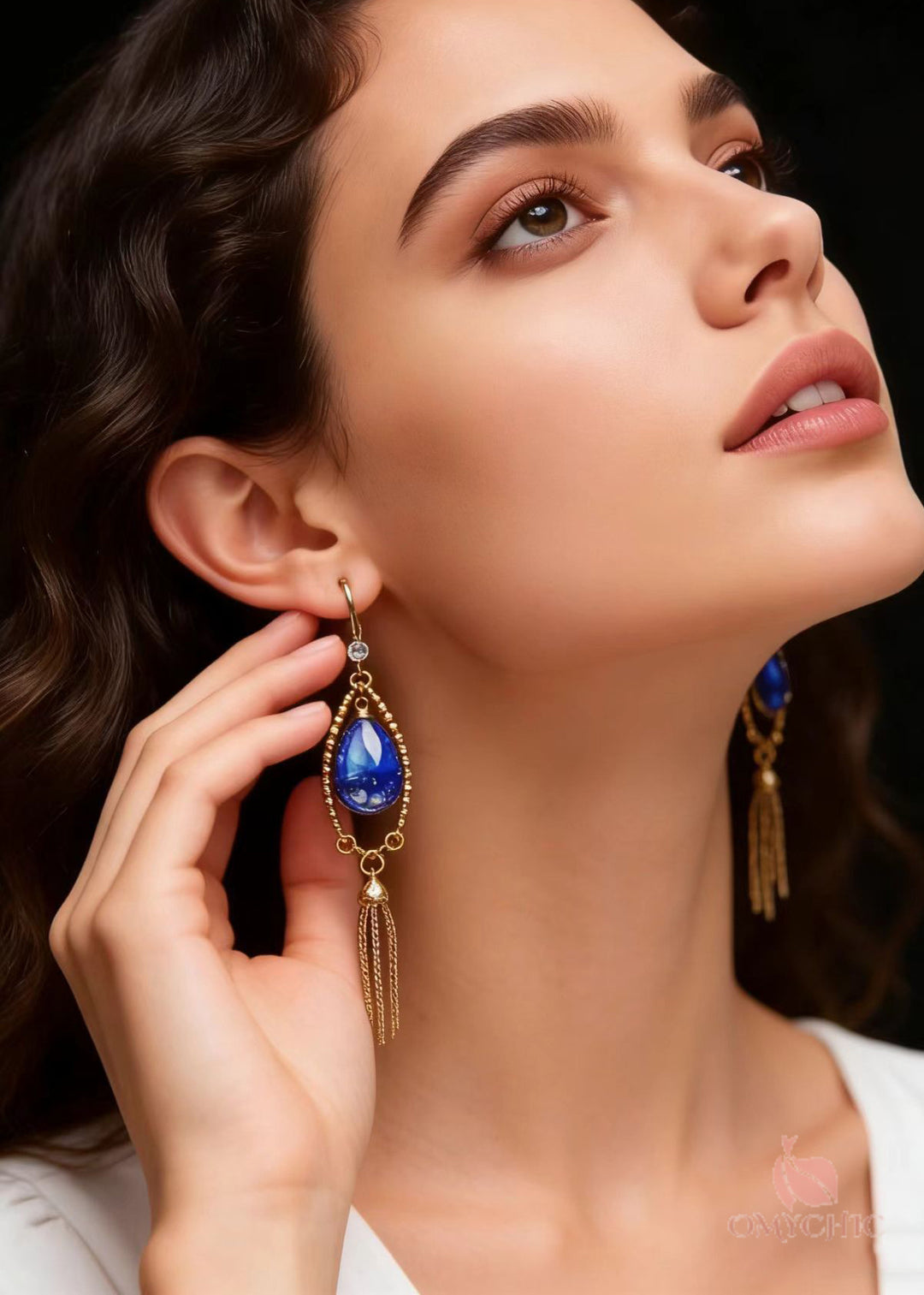Retro Peacock Blue Water Droplet Gem Stone Tassels Drop Earring