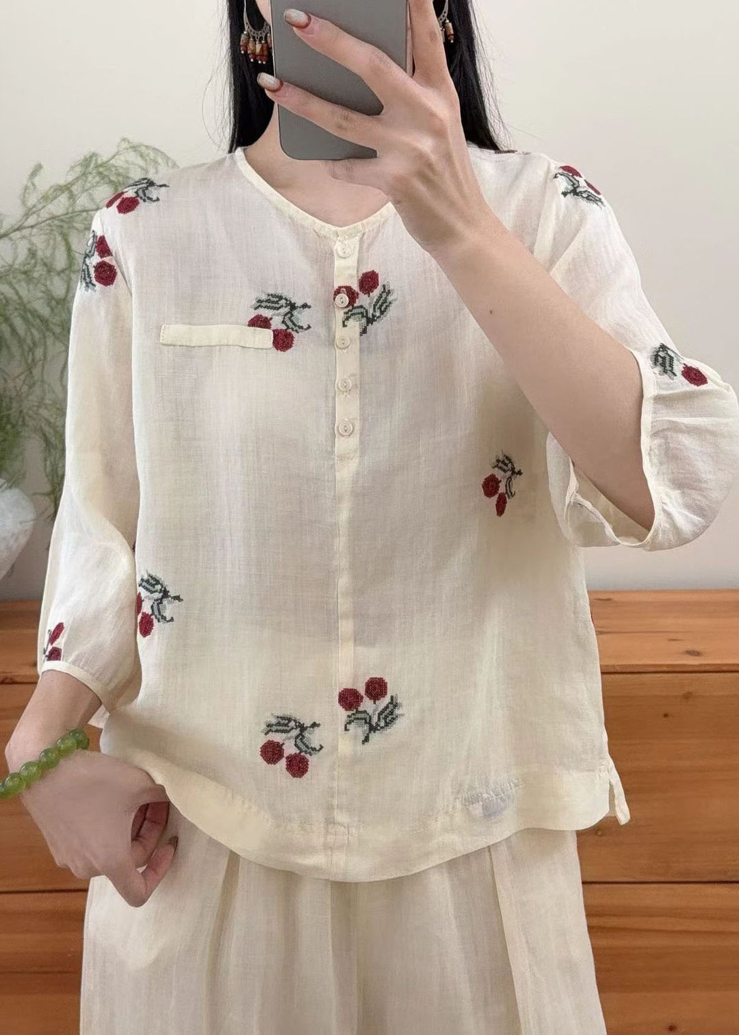 Retro Plus Size Yellow O Neck Embroidered Linen Top Summer