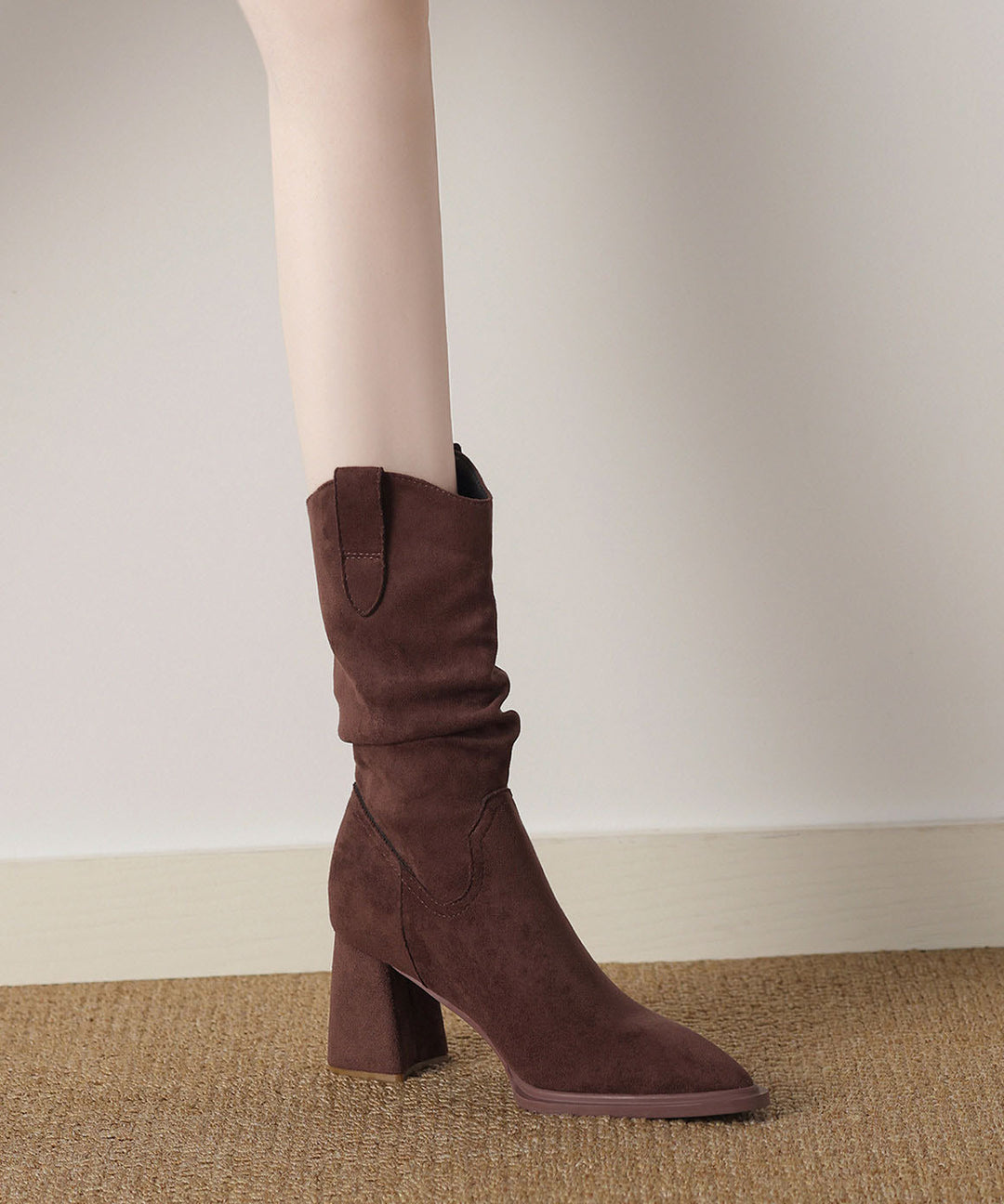 Retro Pointed Toe Chunky Boots Chocolate Faux Leather