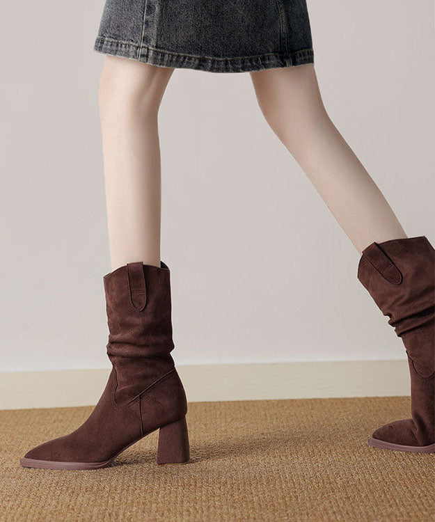 Retro Pointed Toe Chunky Boots Chocolate Faux Leather