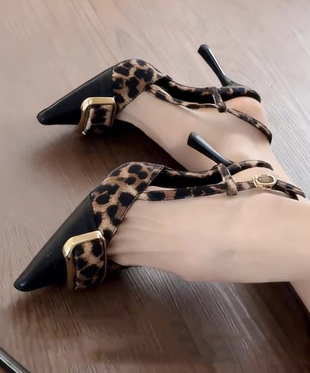Retro Pointed Toe Stiletto Sandals Brown Leopard Faux Leather