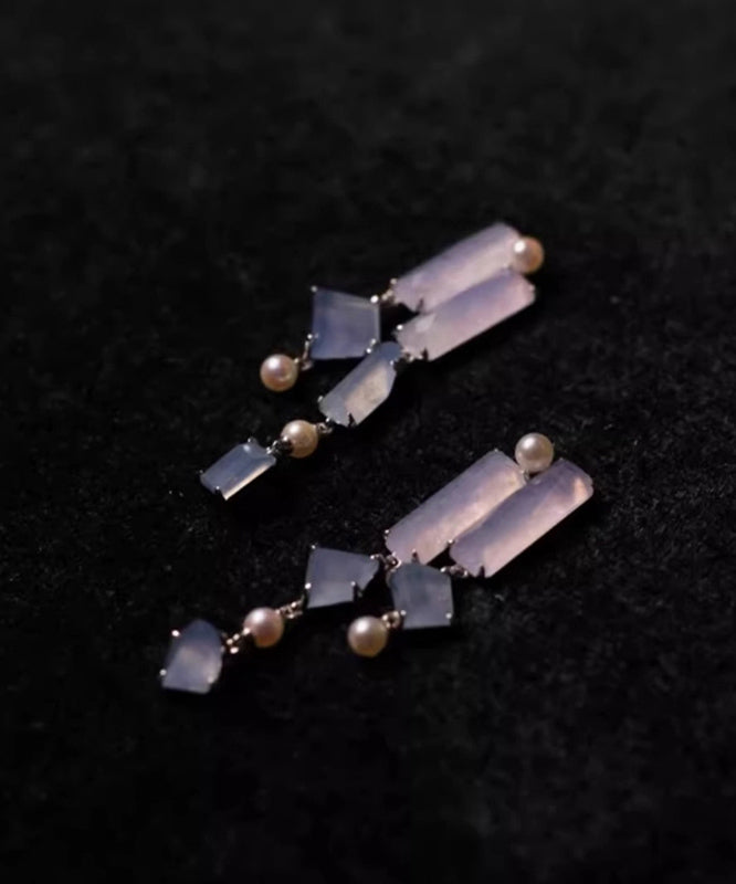 Retro Purple Alloy Asymmetrical Chalcedony Tassel Drop Earrings