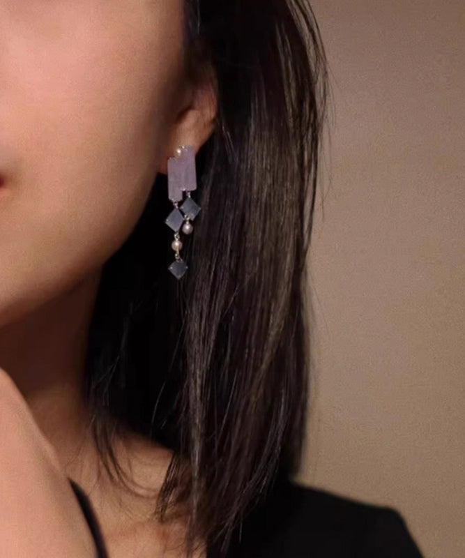 Retro Purple Alloy Asymmetrical Chalcedony Tassel Drop Earrings