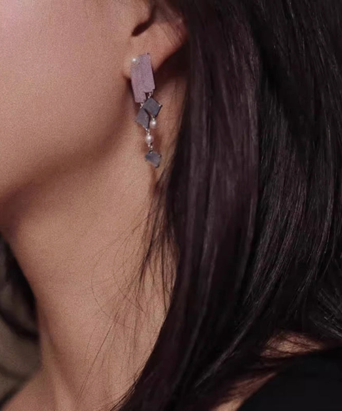 Retro Purple Alloy Asymmetrical Chalcedony Tassel Drop Earrings